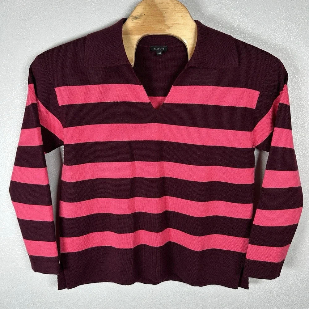 TALBOTS Wool Blend Johnny Collar Polo‎ Pullover Sweater Large Maroon Pink Stripe